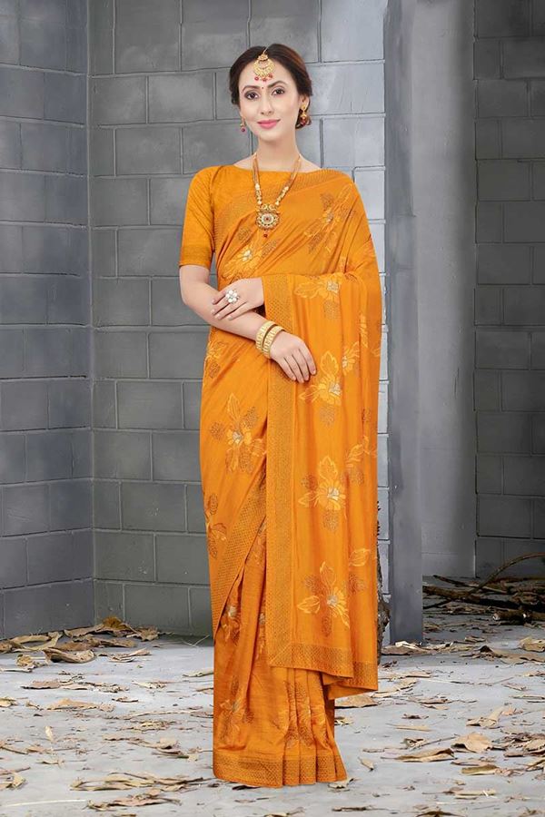 Picture of Designer Mustrad Colored Vichitra Blooming Silk Saree