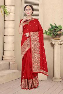 Picture of Red Colored Embroidery Vichitra Blooming Silk Saree