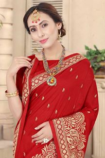 Picture of Red Colored Embroidery Vichitra Blooming Silk Saree