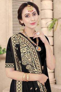 Picture of Black Colored Embroidery Vichitra Blooming Silk Saree