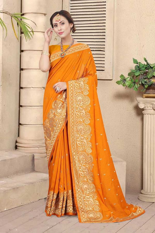 Picture of Mustard Colored Embroidery Vichitra Blooming Silk Saree