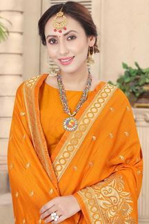 Picture of Mustard Colored Embroidery Vichitra Blooming Silk Saree