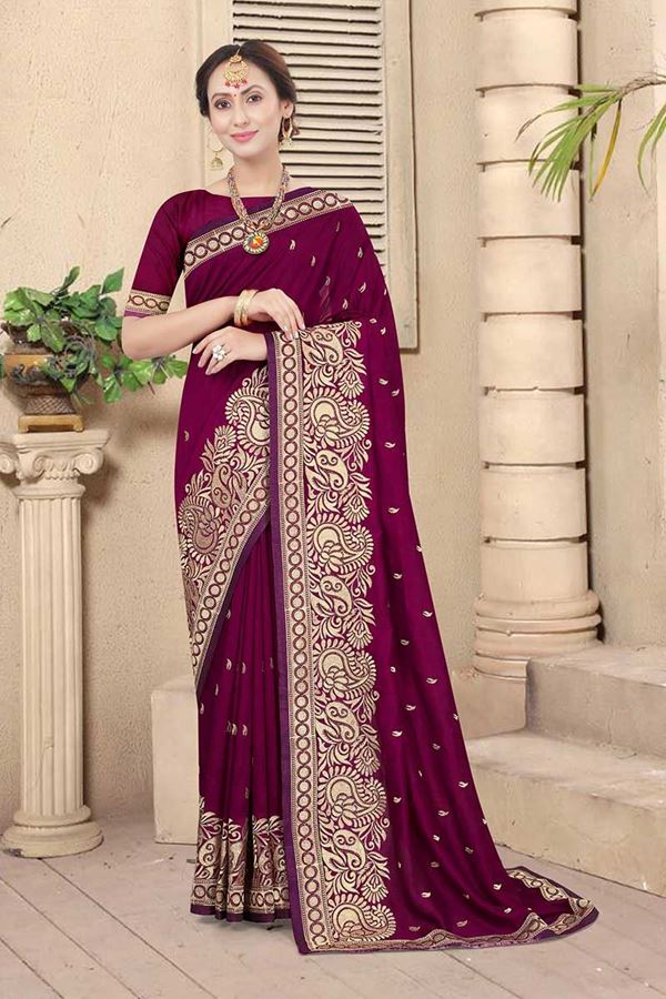 Picture of Wine Colored Embroidery Vichitra Blooming Silk Saree