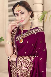 Picture of Wine Colored Embroidery Vichitra Blooming Silk Saree
