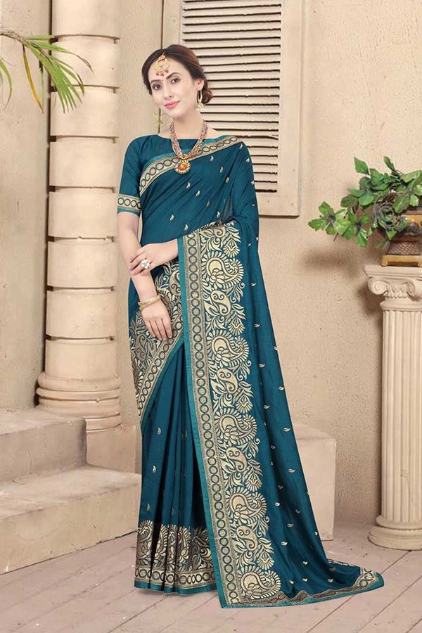 Picture of Peacock Blue Colored Embroidery Vichitra Blooming Silk Saree
