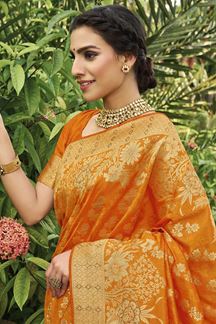 Picture of Orange Colored Festive Wear Silk Saree With Tassels