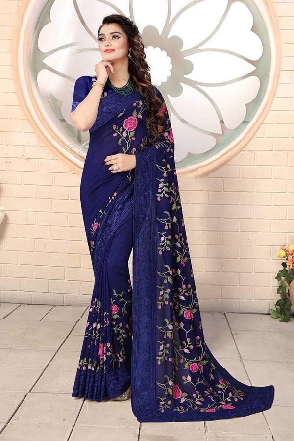 Picture of Designer Navy Blue Colored Georgette Embroidery Saree