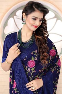 Picture of Designer Navy Blue Colored Georgette Embroidery Saree