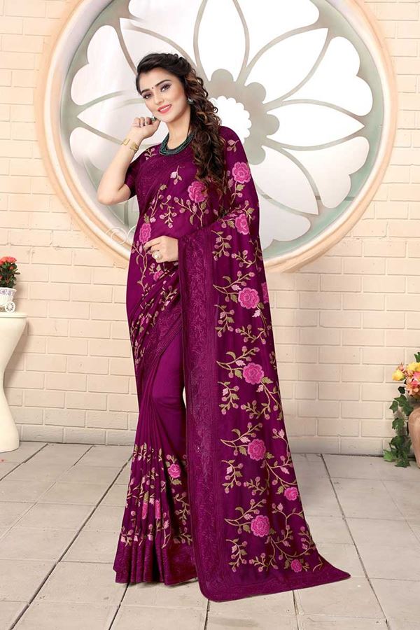 Picture of Designer Wine Colored Georgette Embroidery Saree