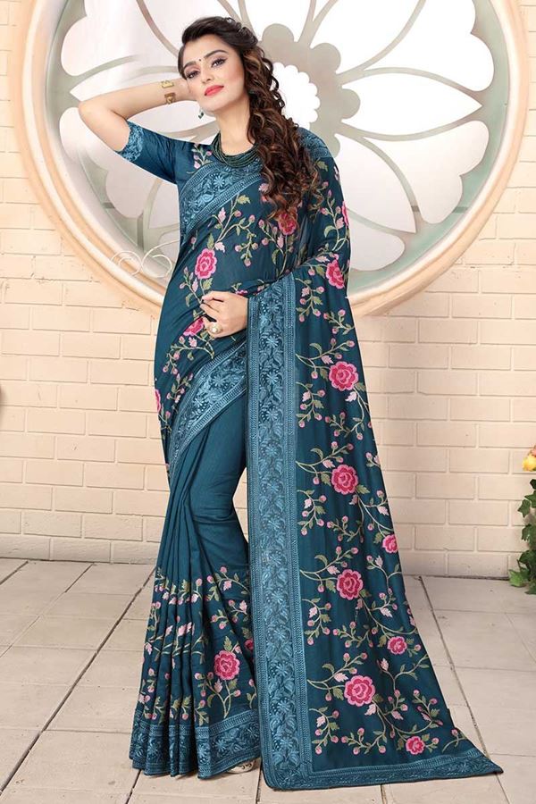 Picture of Designer Peacock  Green Colored Georgette Embroidery Saree