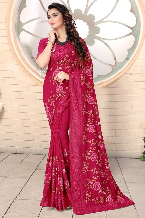 Picture of Designer Rani Pink Colored Georgette Embroidery Saree