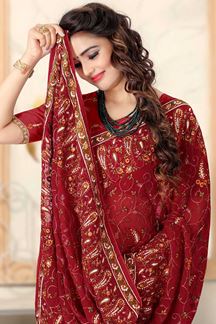 Picture of Red Colored Designer Georgette Embroidery Saree