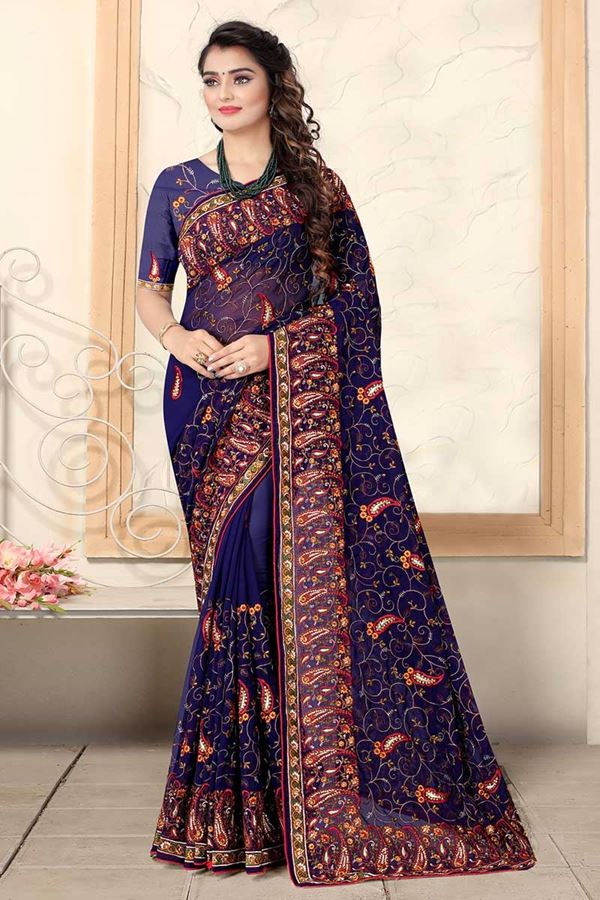 Picture of Navy Blue Colored Designer Georgette Embroidery Saree