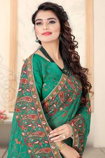 Picture of Rama Green Colored Designer Georgette Embroidery Saree