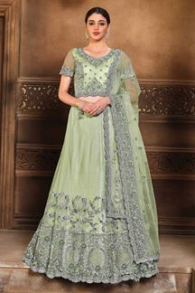 Picture of Sea Green Colored Embroidery Designer Wedding Wear Net Lehenga Choli