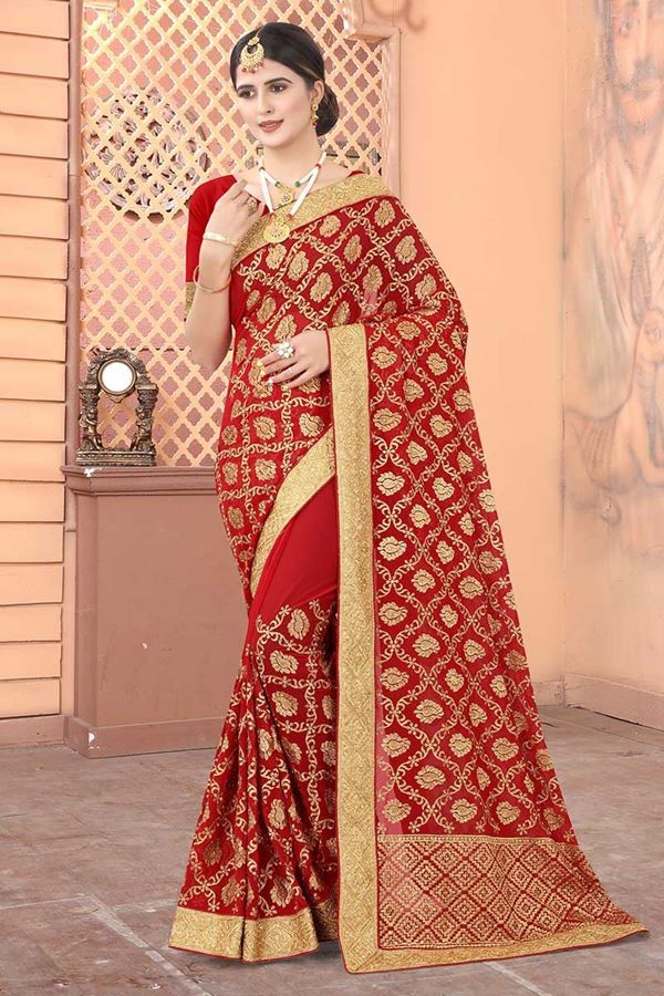 Picture of Red Colored Georgette Embroidery Saree
