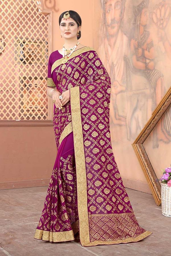 Picture of Wine Colored Georgette Embroidery Saree