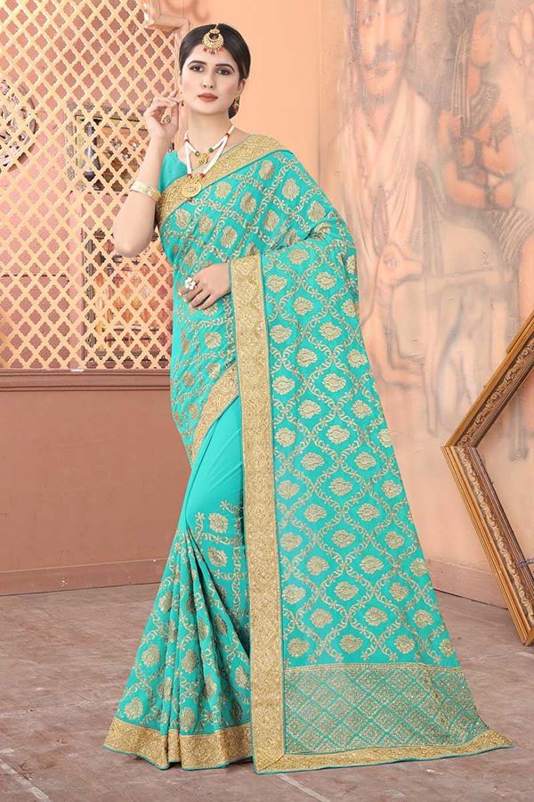 Picture of Sky  Blue Colored Georgette Embroidery Saree