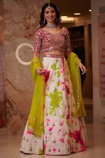 Picture of Graceful Off-white& Pink Colored Wedding Wear Silk Lehenga Choli