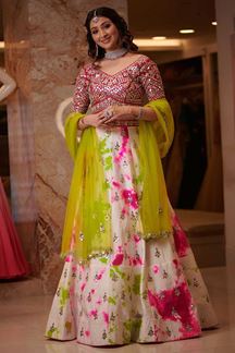 Picture of Graceful Off-white& Pink Colored Wedding Wear Silk Lehenga Choli