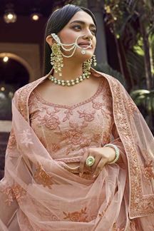 Picture of Arresting Peach Colored Wedding Wear Embroidered Lehenga