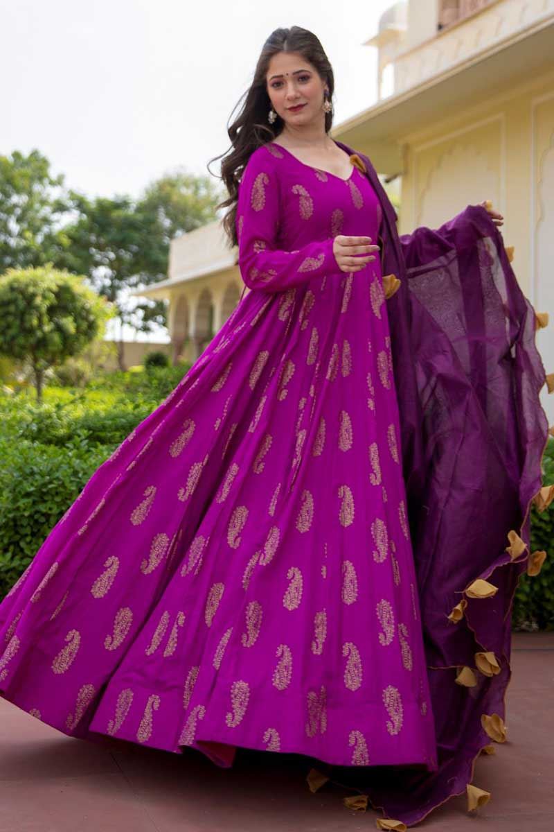 Woven Brocade A Line Kurti in Purple : TUF1573