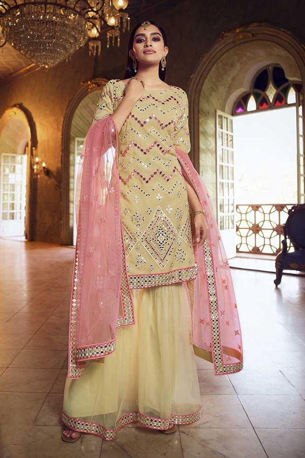 Picture of Latest Designer Beige Colored Organza Gharara Suit (Unstitched suit)