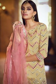 Picture of Latest Designer Beige Colored Organza Gharara Suit (Unstitched suit)