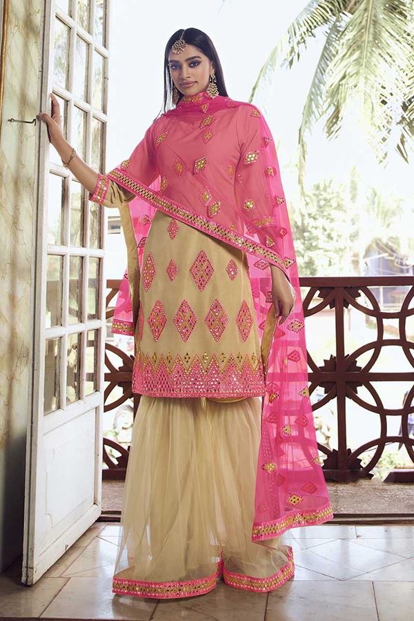 Picture of Beige Colored Latest Designer Organza Gharara Suit (Unstitched suit)