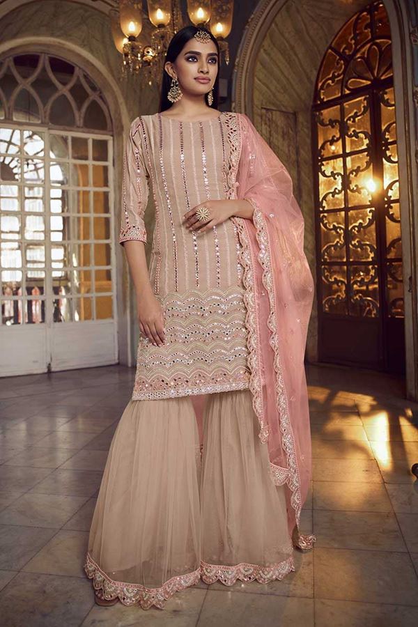 Picture of Peach Colored Latest Designer Organza Gharara Suit (Unstitched suit)
