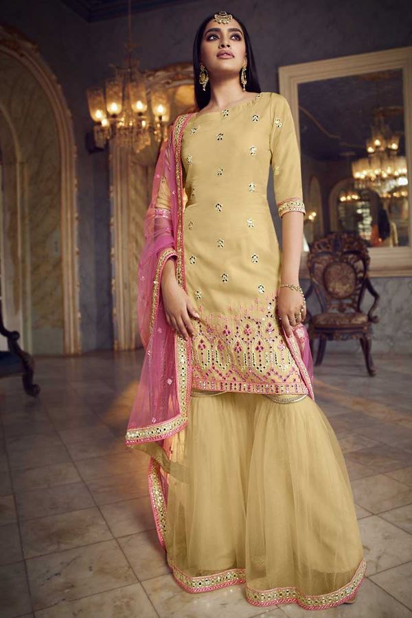 Picture of Latest Designer Beige Colored Organza Gharara Suit (Unstitched suit)