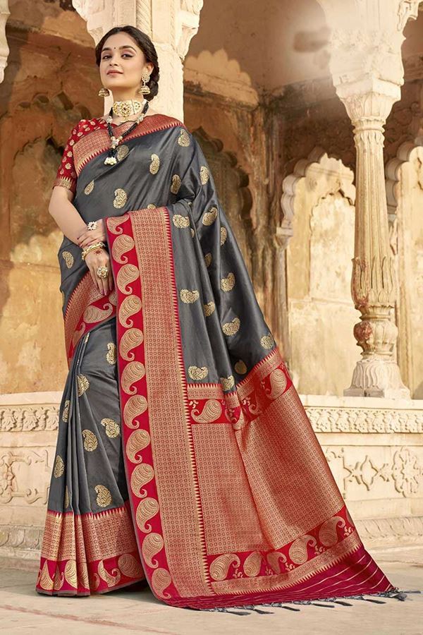Picture of Adoring Grey & Maroon Colored Banarasi Silk Saree