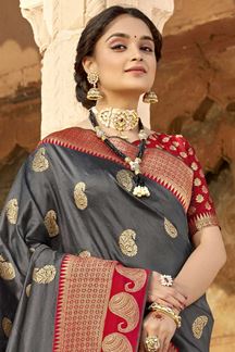 Picture of Adoring Grey & Maroon Colored Banarasi Silk Saree