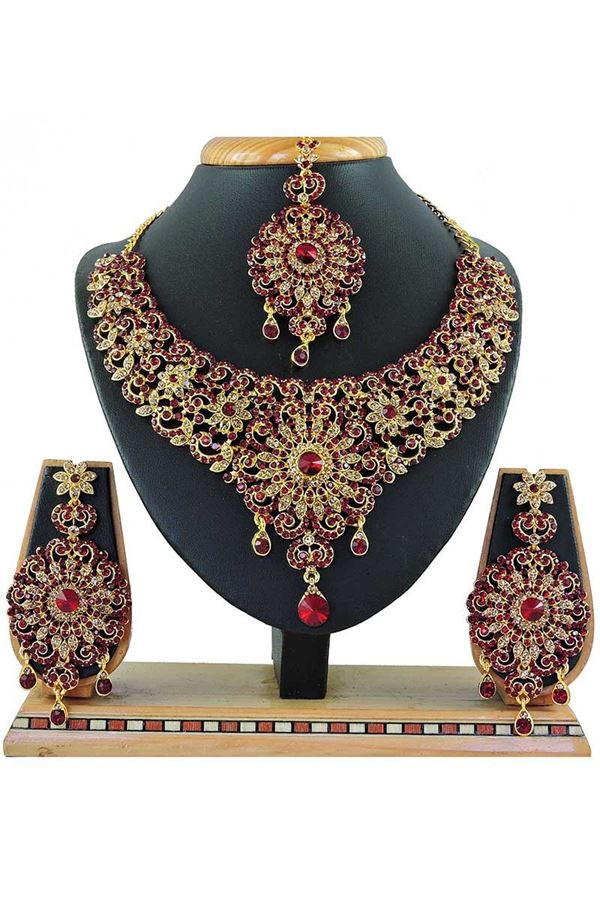 Picture of Beautiful Maroon Colored Stone Imitation Necklace Set
