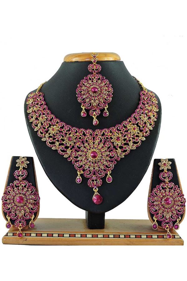 Picture of Beautiful Rani Pink Colored Stone Imitation Necklace Set