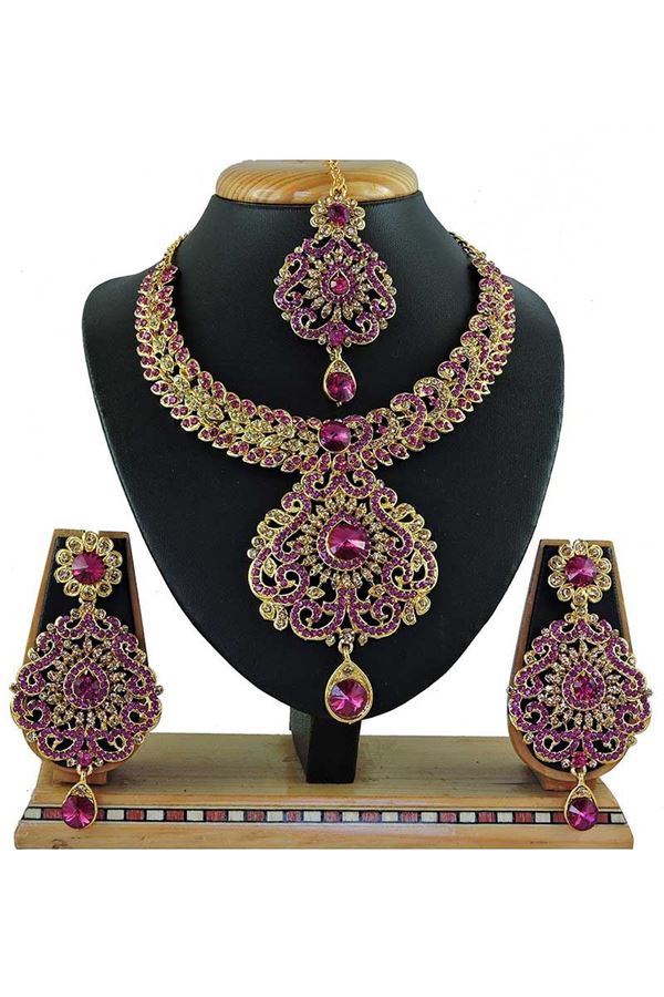 Picture of Stylish Rani Pink Colored Stone Imitation Necklace Set