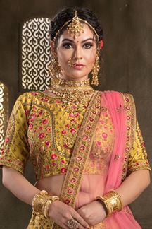 Picture of Mustard Yellow Colored Embroidered Silk Lehenga Choli With Net Dupatta