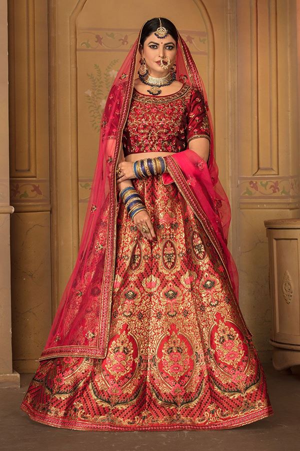 Picture of Marron Colored Embroidered Silk Lehenga Choli With Net Dupatta