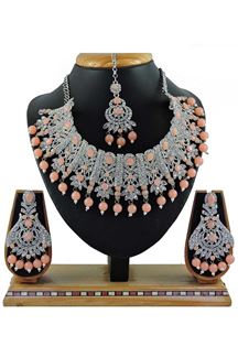 Picture of Party Wear Peach Colored Stone Imitation Necklace Set 