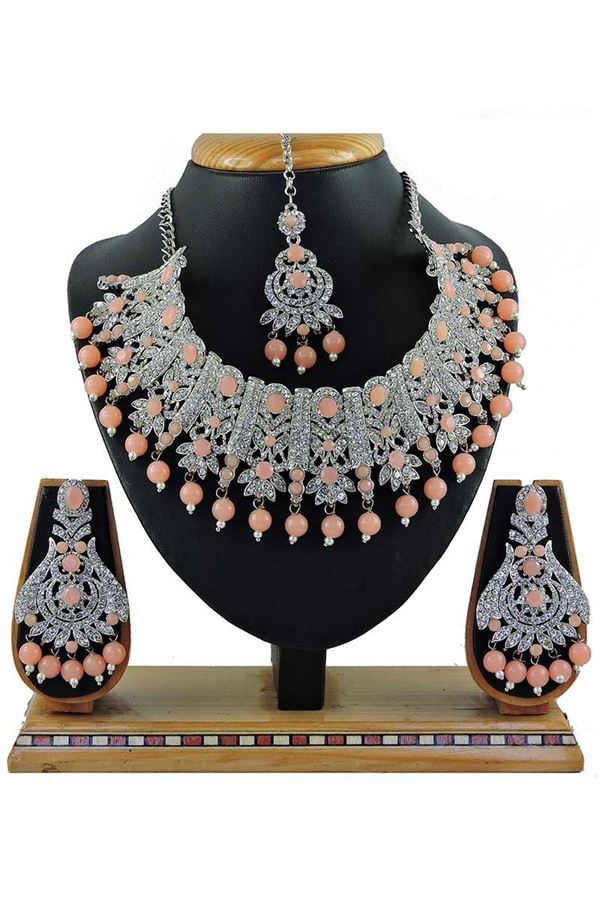 Picture of Party Wear Peach Colored Stone Imitation Necklace Set 