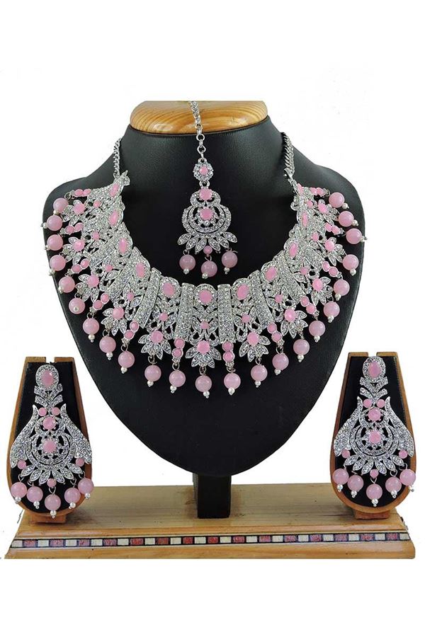 Picture of Lovely  Pink Colored Stone Imitation Necklace Set 