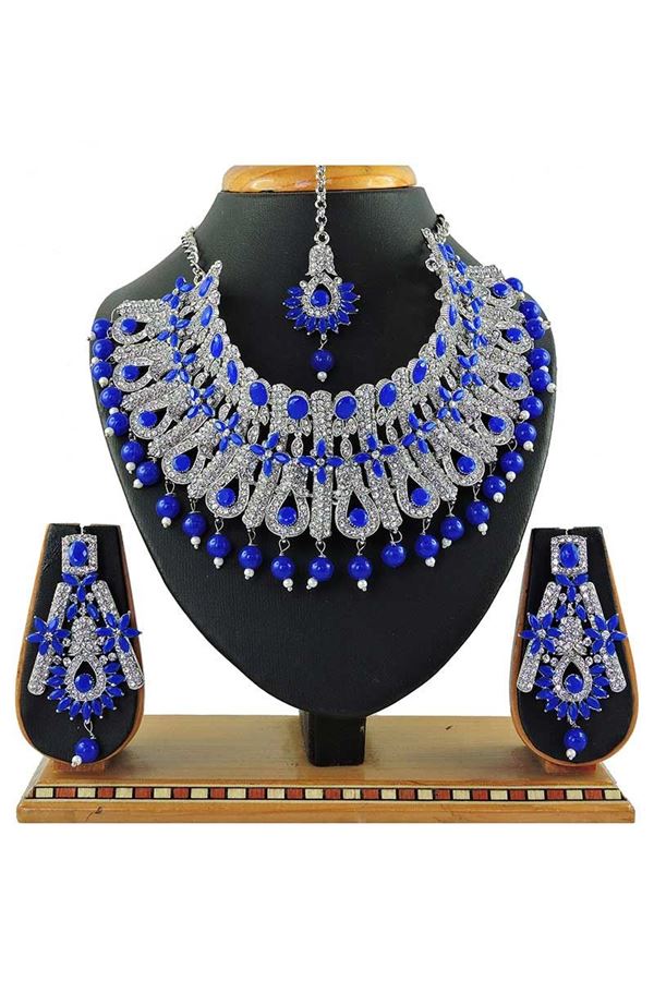 Picture of Dashing Royal Blue Colored Stone Imitation Necklace Set 