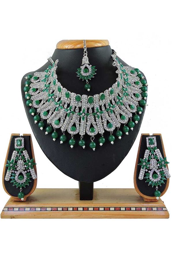 Picture of Glamorous Green Colored Stone Imitation Necklace Set 