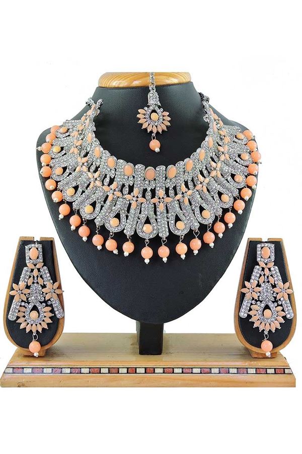 Picture of Trendy Peach Colored Stone Imitation Necklace Set 