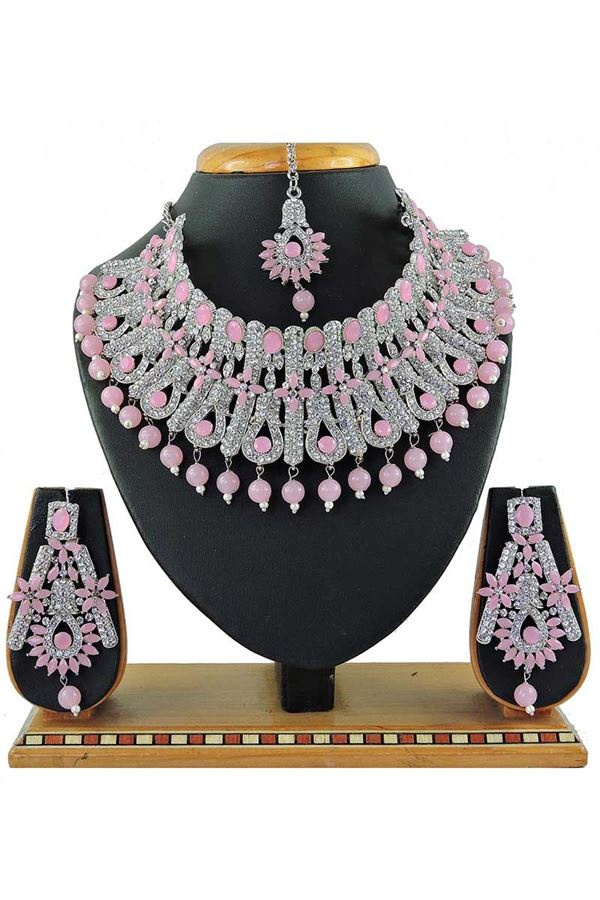 Picture of Stunning Baby Pink Colored Pearl Imitation Necklace Set 
