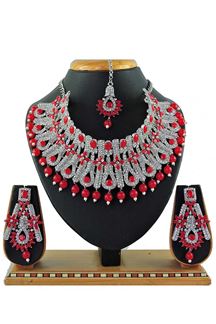 Unique Red Colored Pearl Imitation Necklace Set