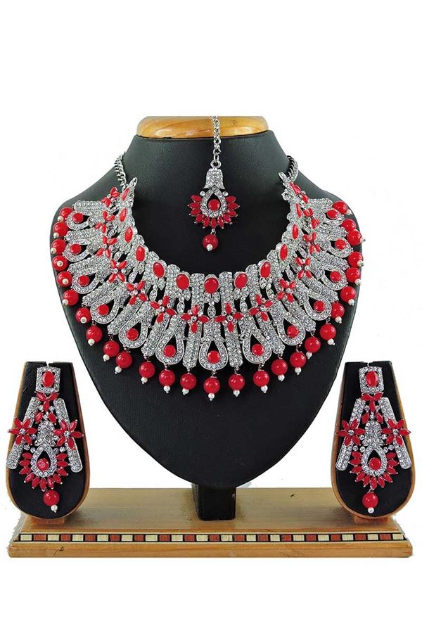 Picture of Unique Red Colored Pearl Imitation Necklace Set 