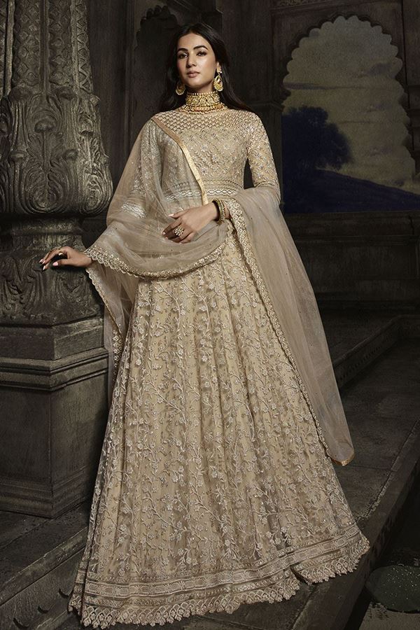 Picture of Appealing Beige Colored Embroidered Anarkali Suit (Unstitched suit)