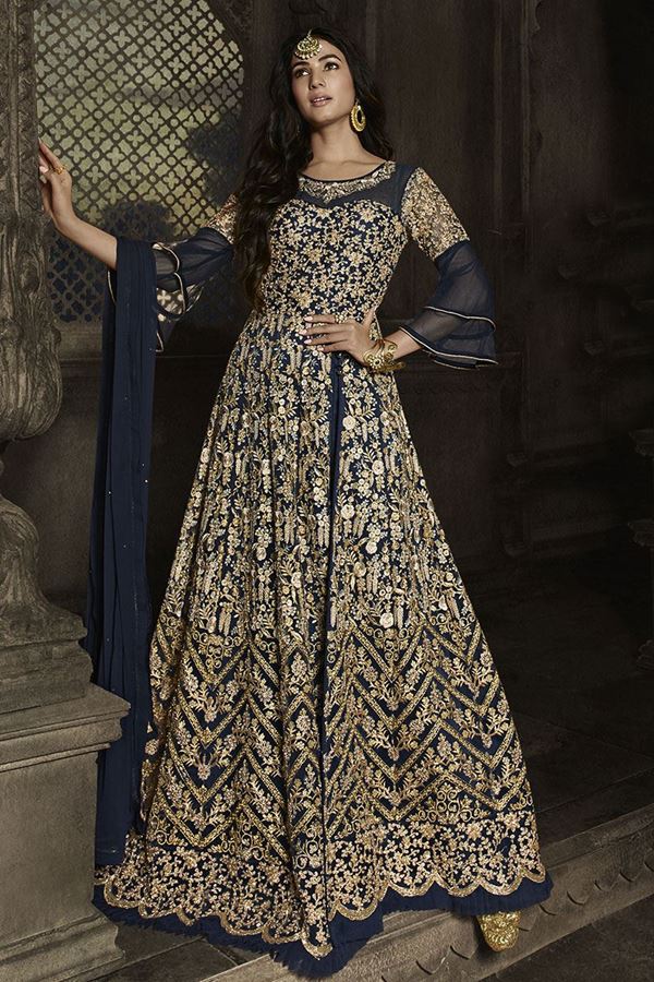 Picture of Dazzling Nay Blue Colored Embroidered Netted Anarkali Suit (Unstitched suit)