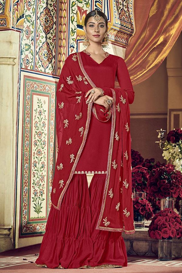 Picture of Flamboyant Red Colored Party wear Gharara Suit (Unstitched suit)